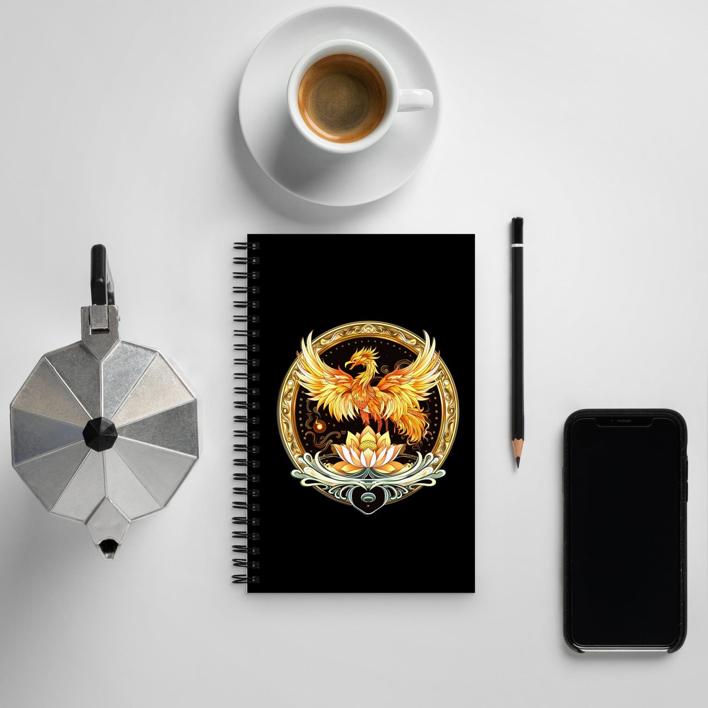 Elemental Harmony: Fiery Phoenix and Calm Lotus - Spiral notebook - BBairt