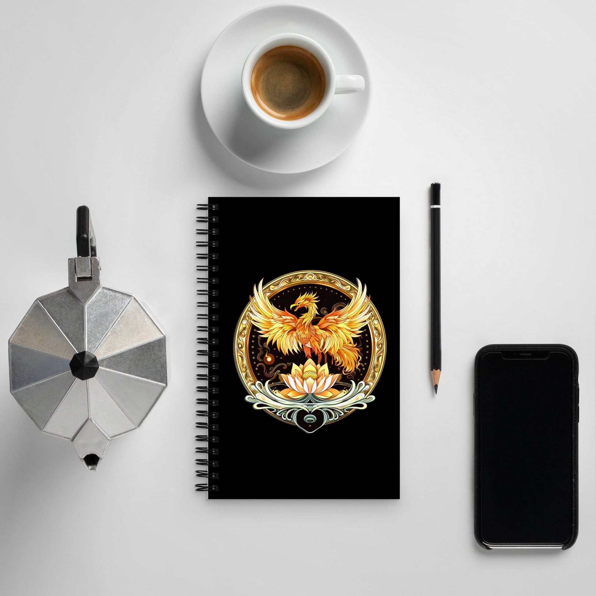 Elemental Harmony: Fiery Phoenix and Calm Lotus - Spiral notebook - BBairt