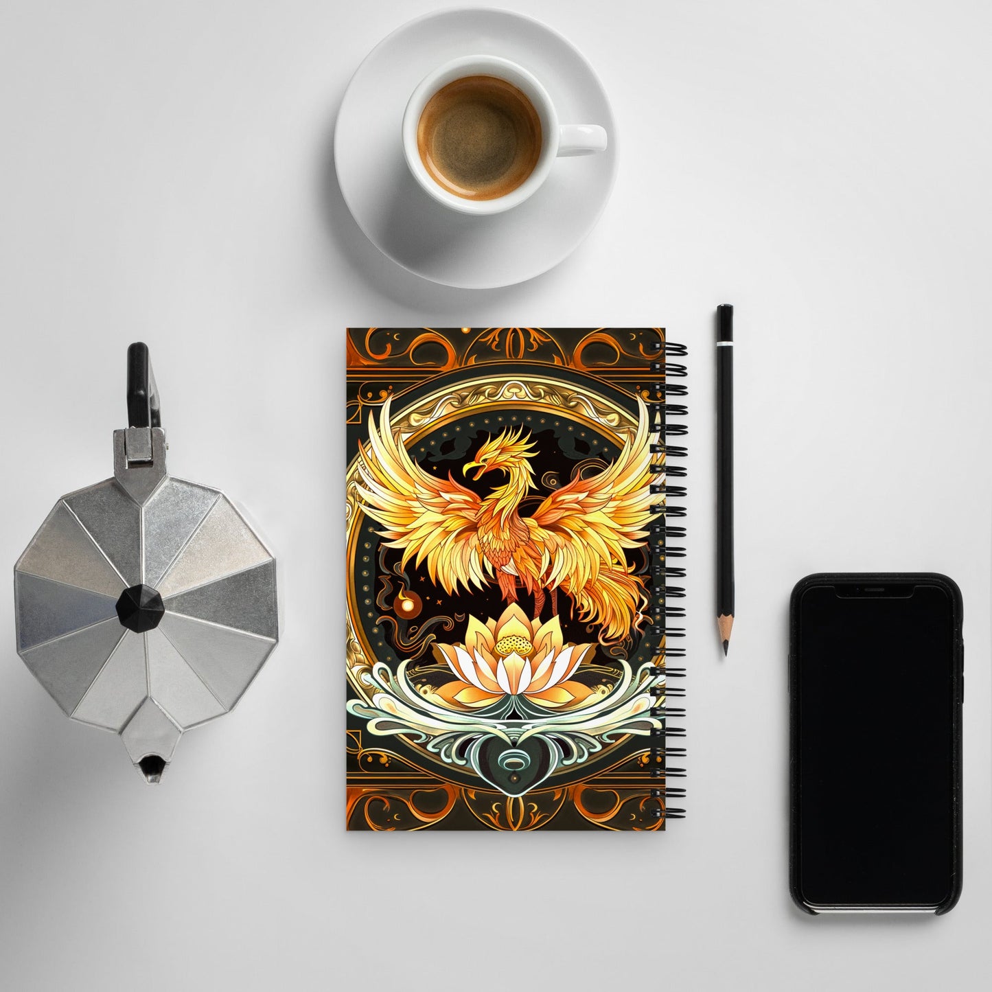 Elemental Harmony: Fiery Phoenix and Calm Lotus - Spiral notebook - BBairt