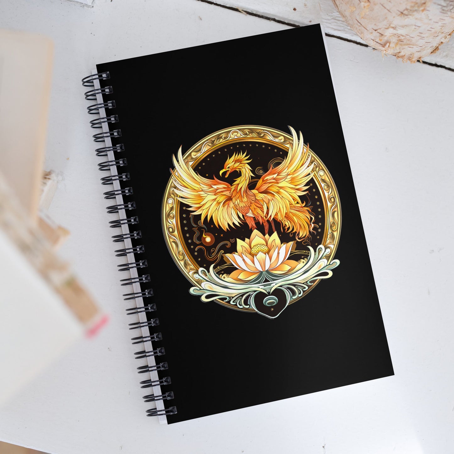 Elemental Harmony: Fiery Phoenix and Calm Lotus - Spiral notebook - BBairt
