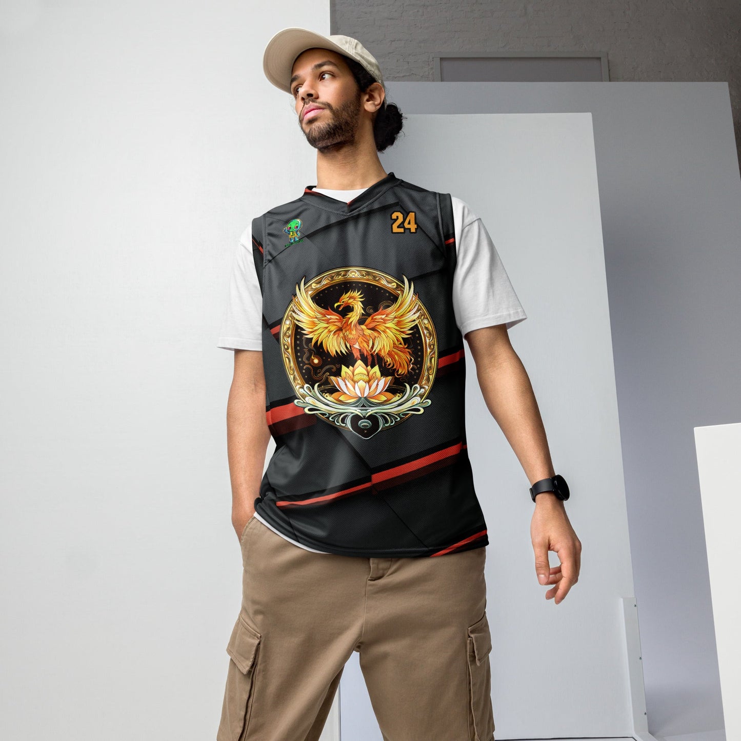 Elemental Harmony: Fiery Phoenix and Calm Lotus - Unisex Basketball Jersey - Ember Glow Colorway - BBairt