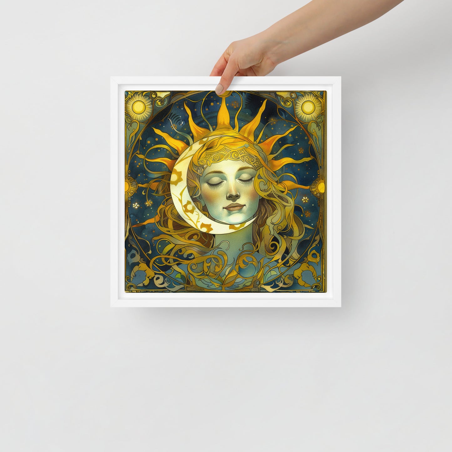 Cosmic Harmony: Sun and Moon Balance - Framed Canvas