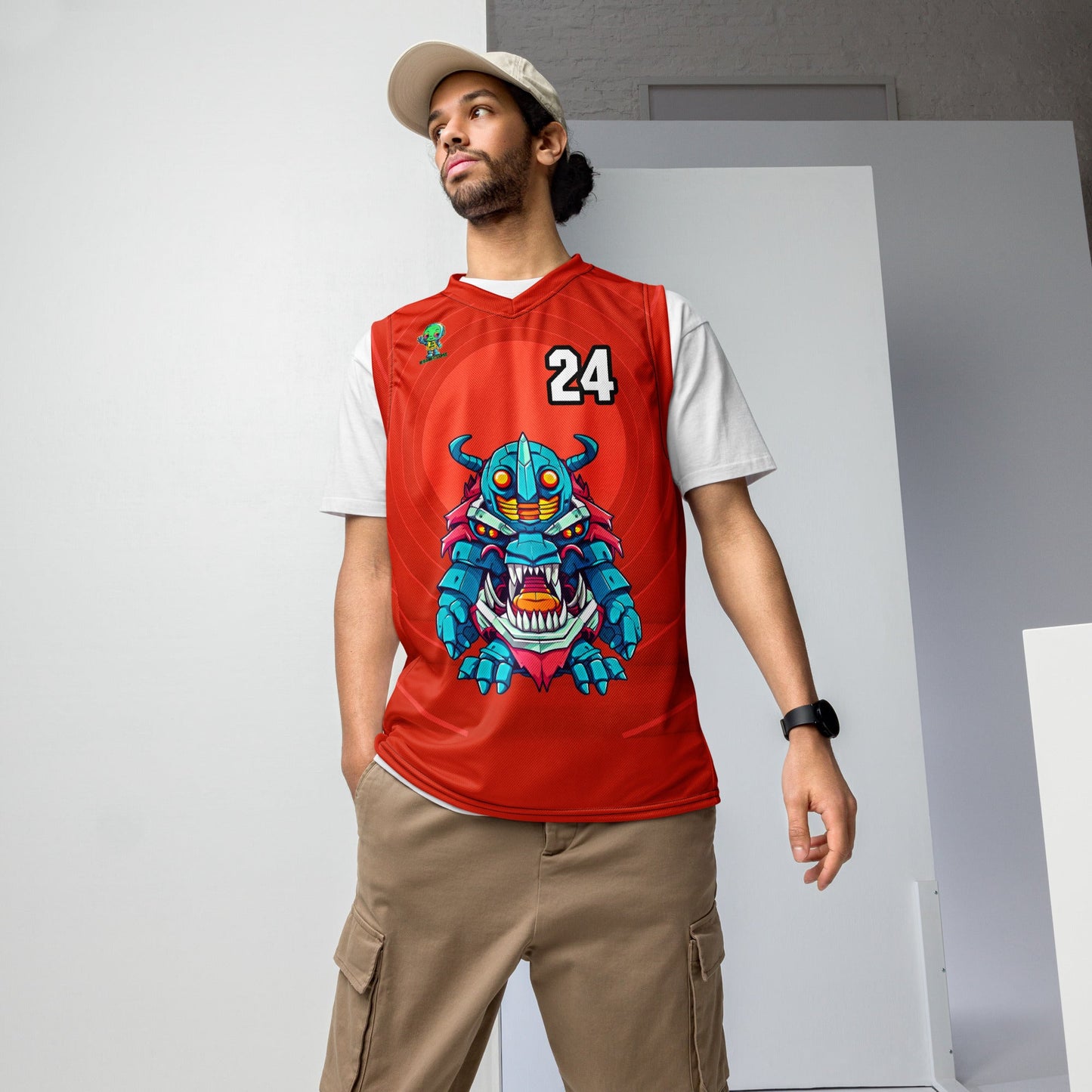 Rex the Reactor Watcher - Recycled unisex basketball jersey - Crimson Vortex Colorway - BBairt