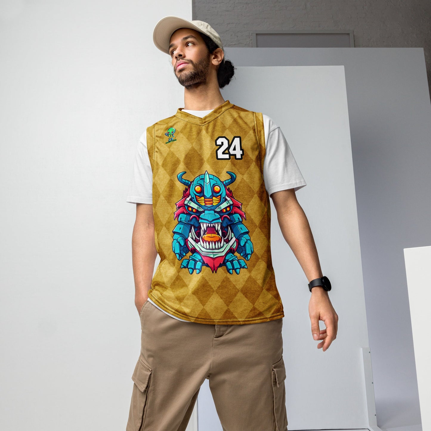 Rex the Reactor Watcher - Recycled unisex basketball jersey - Golden Argyle - BBairt