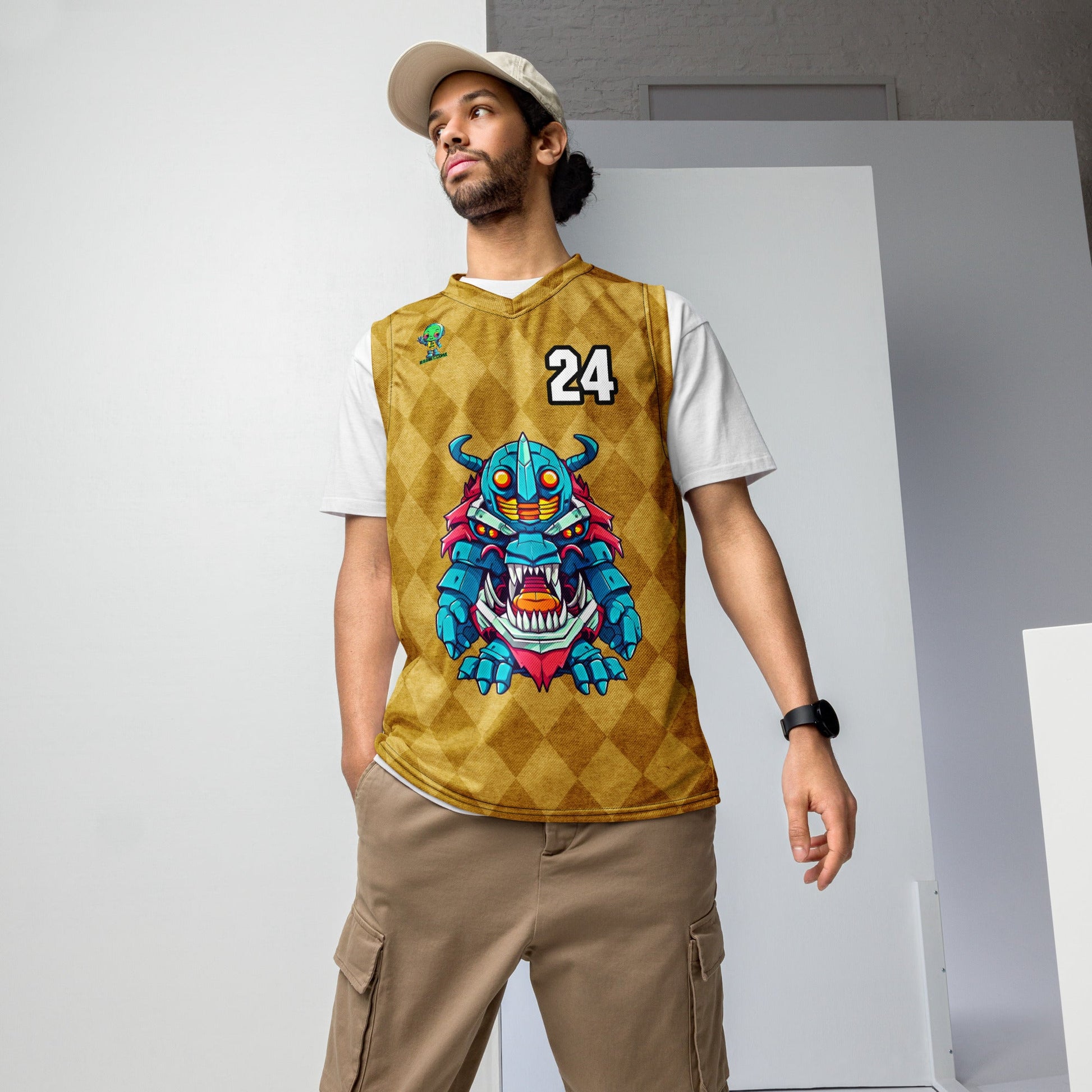 Rex the Reactor Watcher - Recycled unisex basketball jersey - Golden Argyle - BBairt