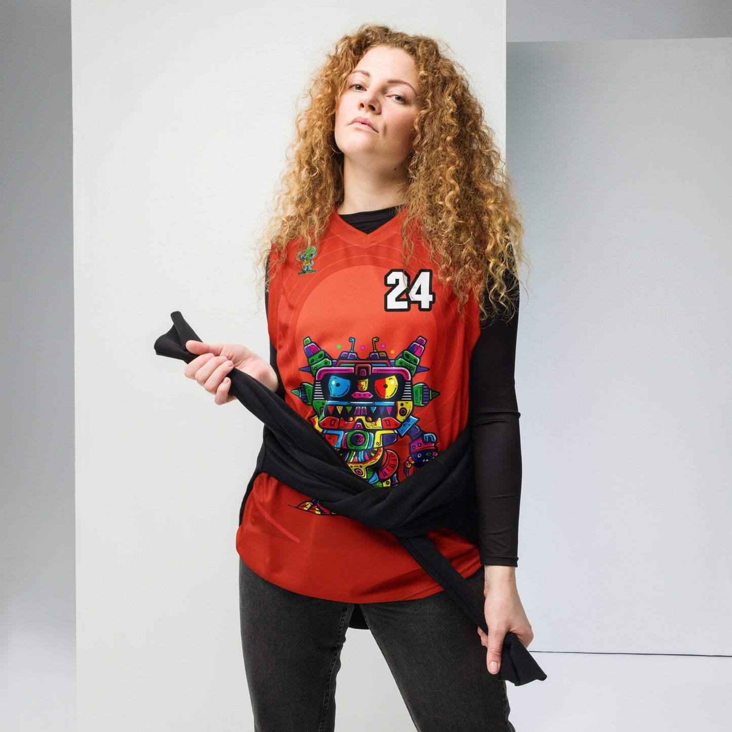 Robo Rebel - Recycled unisex basketball jersey - Crimson Vortex Colorway - BBairt