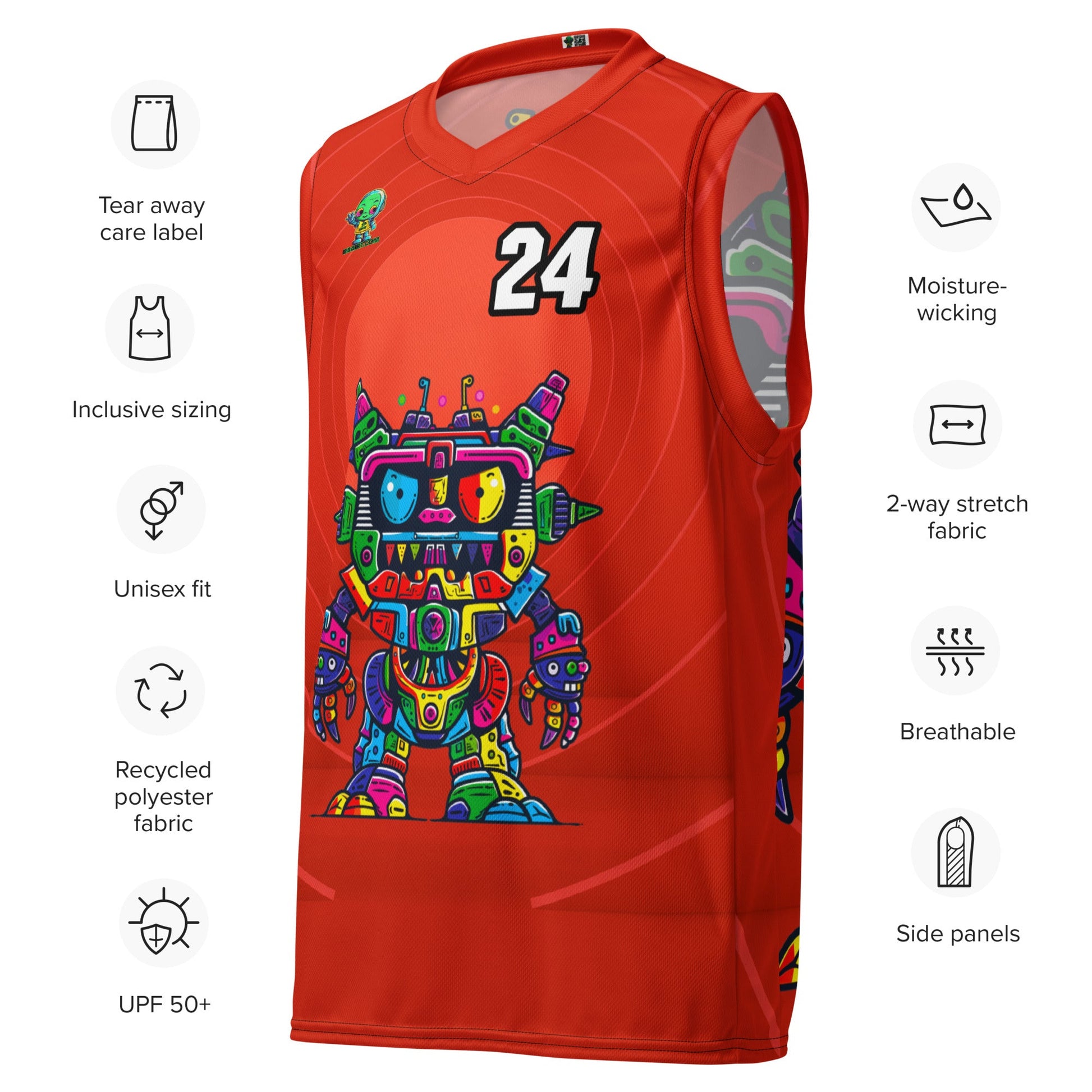 Robo Rebel - Recycled unisex basketball jersey - Crimson Vortex Colorway - BBairt
