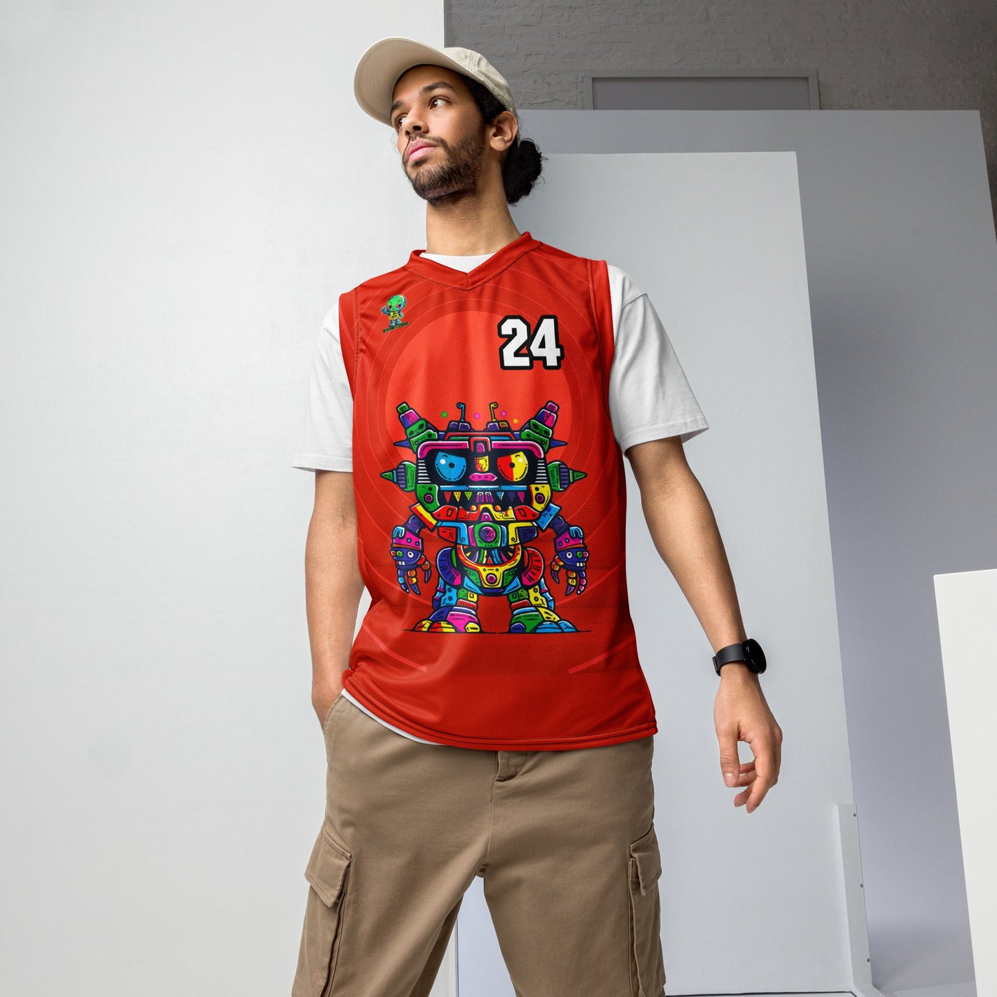 Robo Rebel - Recycled unisex basketball jersey - Crimson Vortex Colorway - BBairt