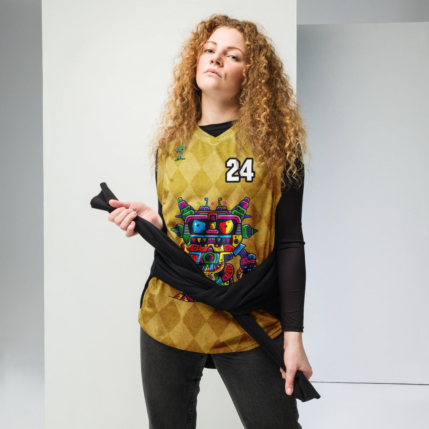 Robo Rebel - Recycled unisex basketball jersey - Golden Argyle Colorway - BBairt