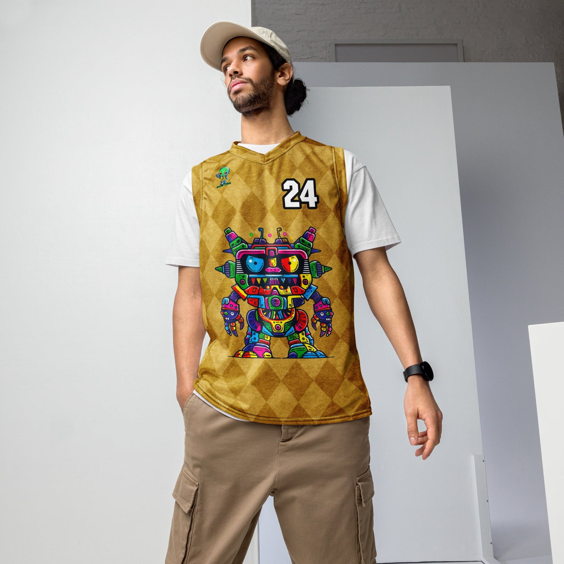 Robo Rebel - Recycled unisex basketball jersey - Golden Argyle Colorway - BBairt