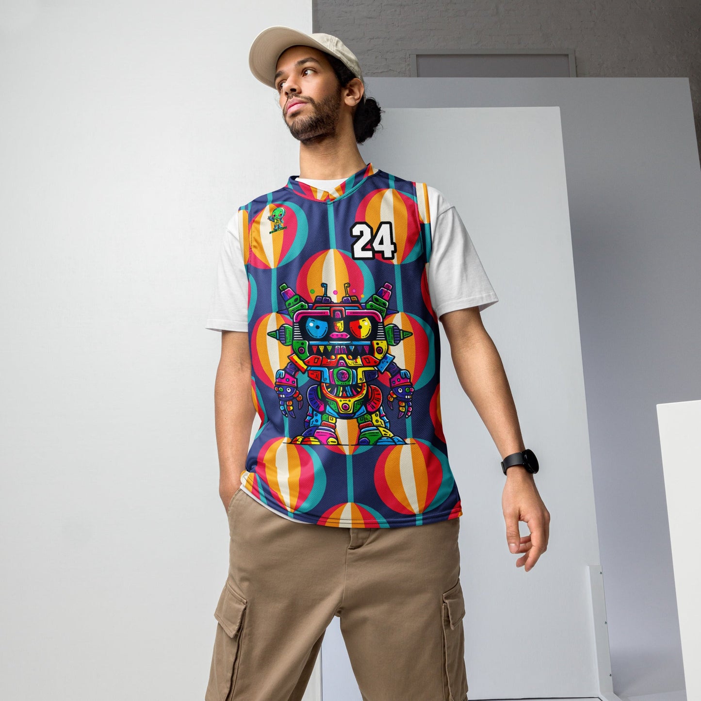 Robo Rebel - Recycled unisex basketball jersey - Retro Carnival Colorway - BBairt