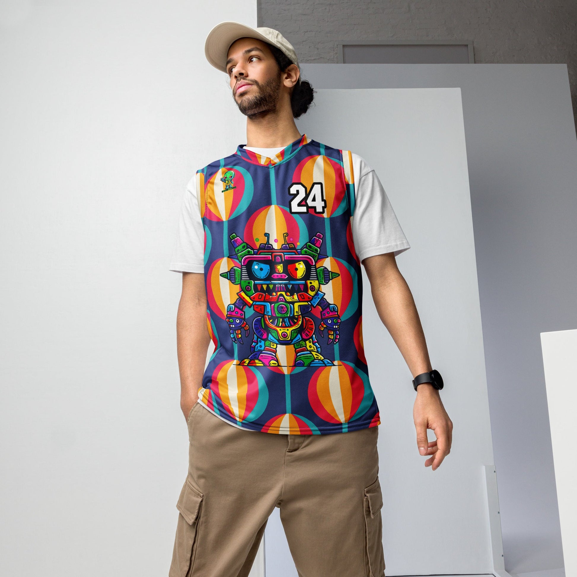 Robo Rebel - Recycled unisex basketball jersey - Retro Carnival Colorway - BBairt