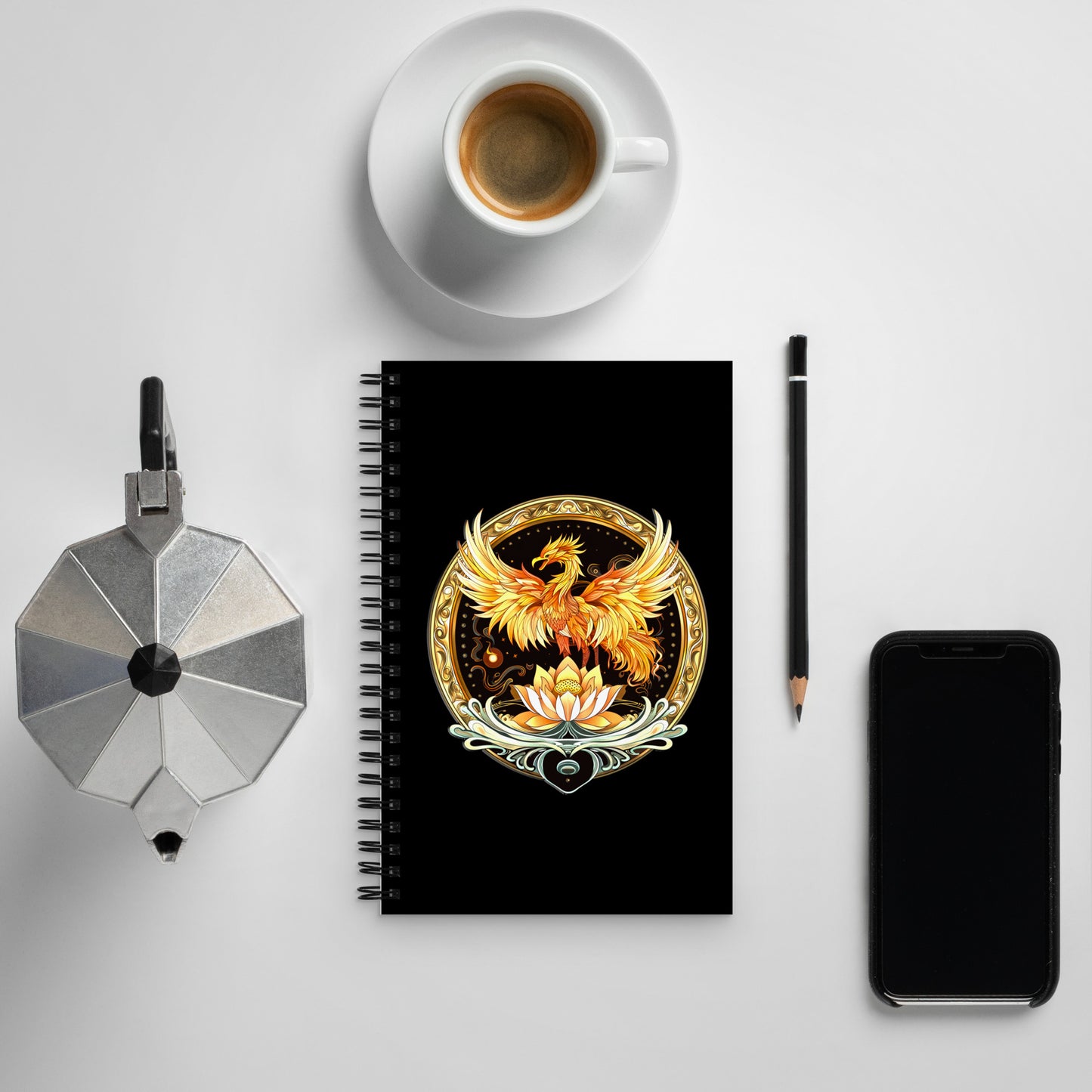 Elemental Harmony: Fiery Phoenix and Calm Lotus - Spiral notebook