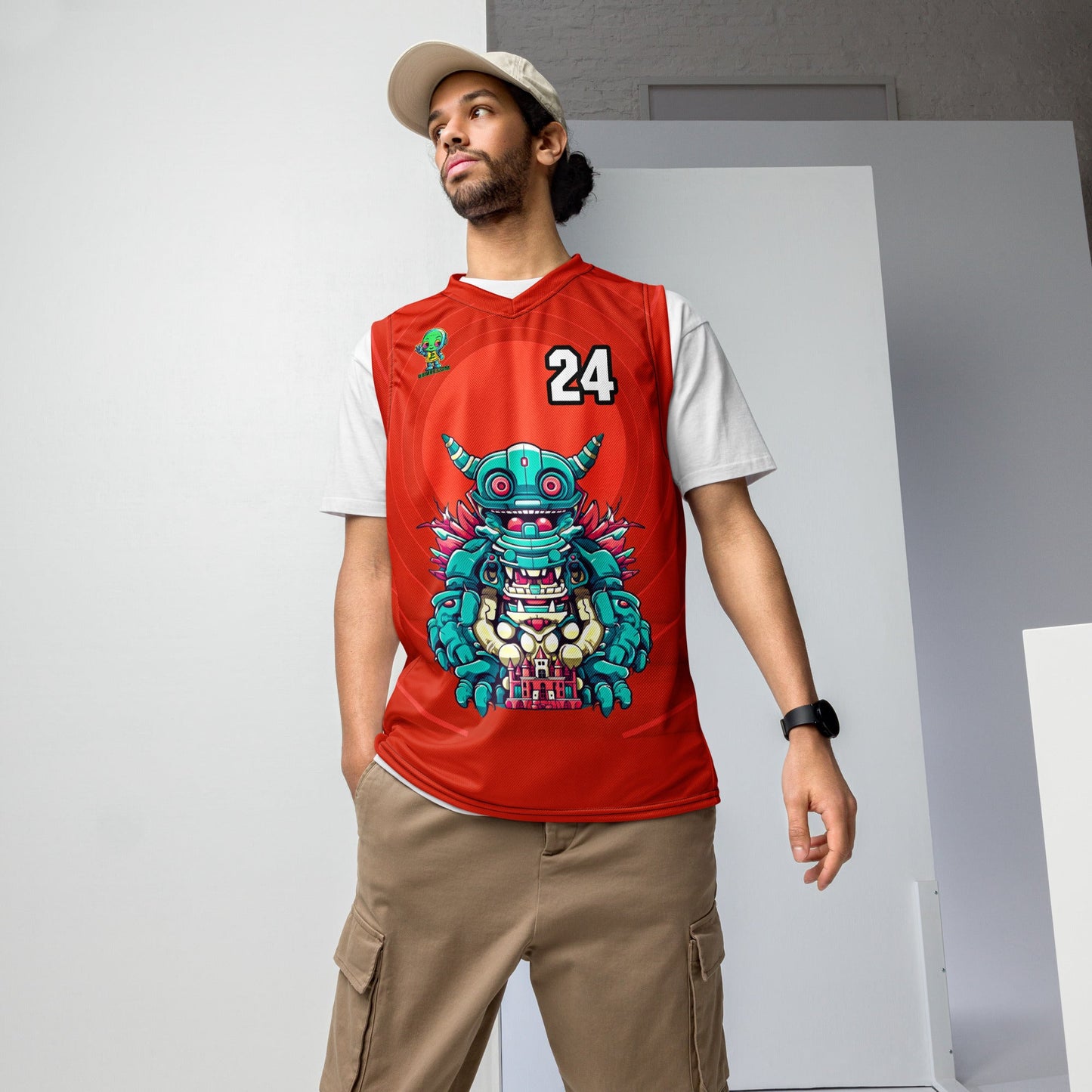 Toy Town Watchman - Recycled unisex basketball jersey - Crimson Vortex Colorway - BBairt