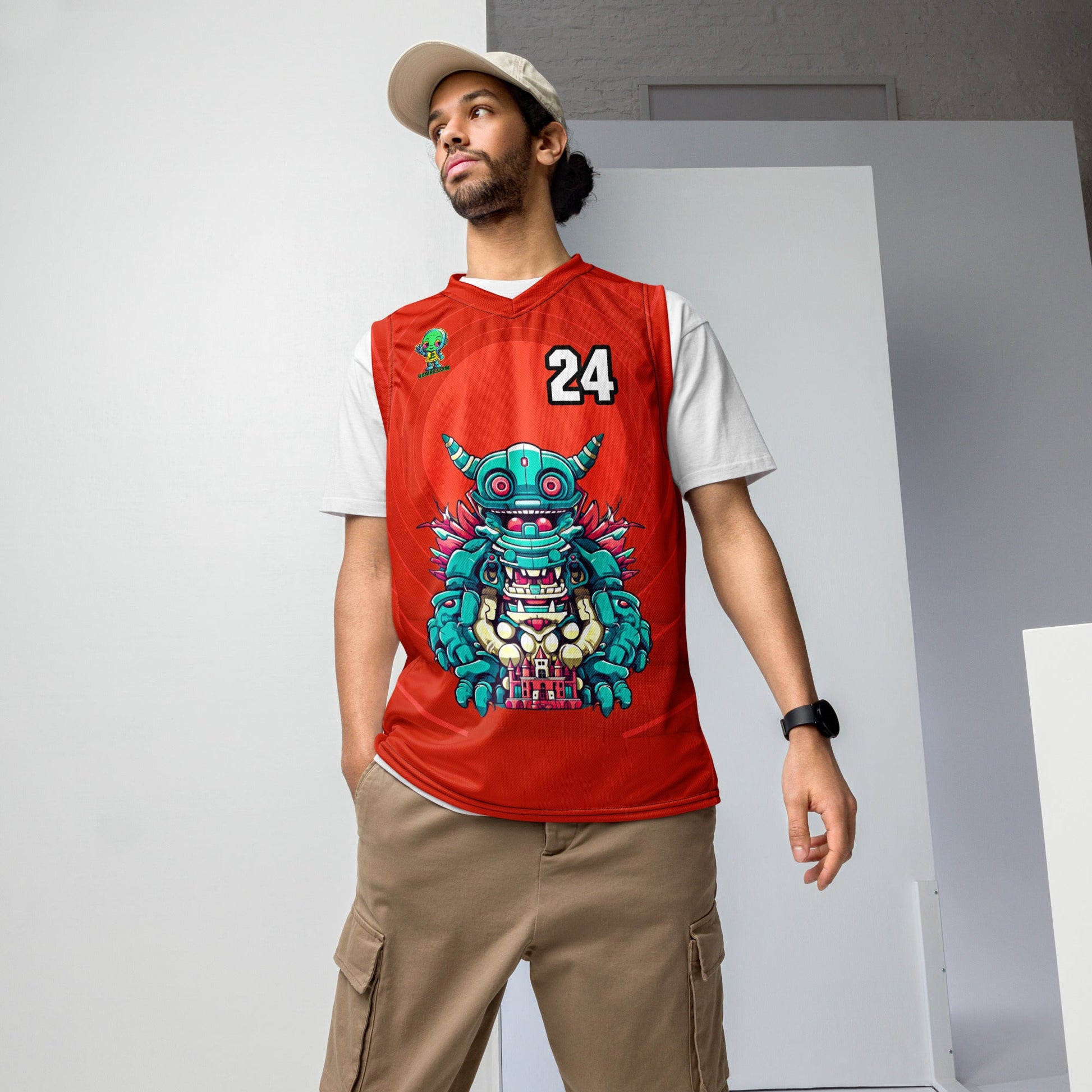 Toy Town Watchman - Recycled unisex basketball jersey - Crimson Vortex Colorway - BBairt