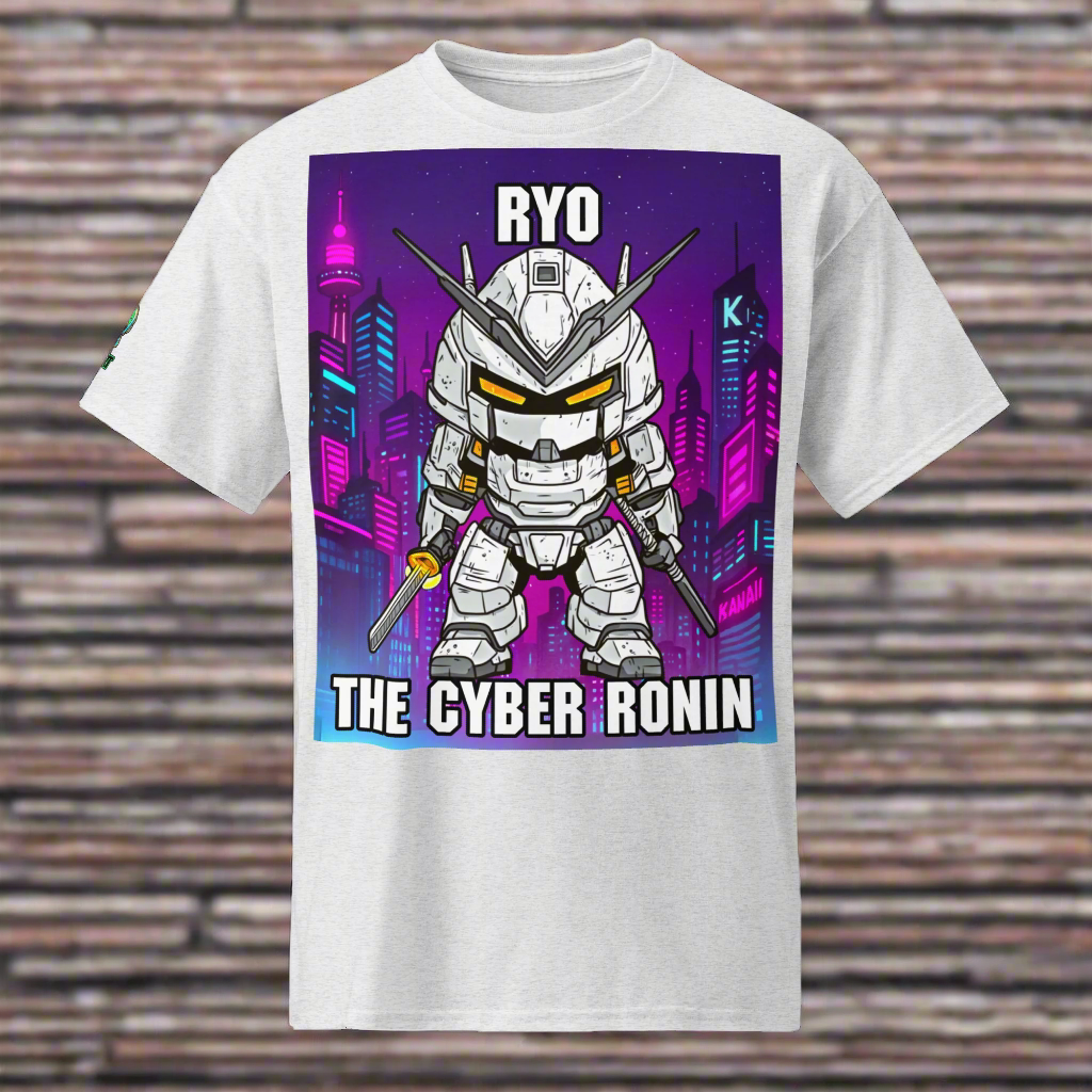White t-shirt with a robot graphic and 'The Cyber Ronin' text on a white background