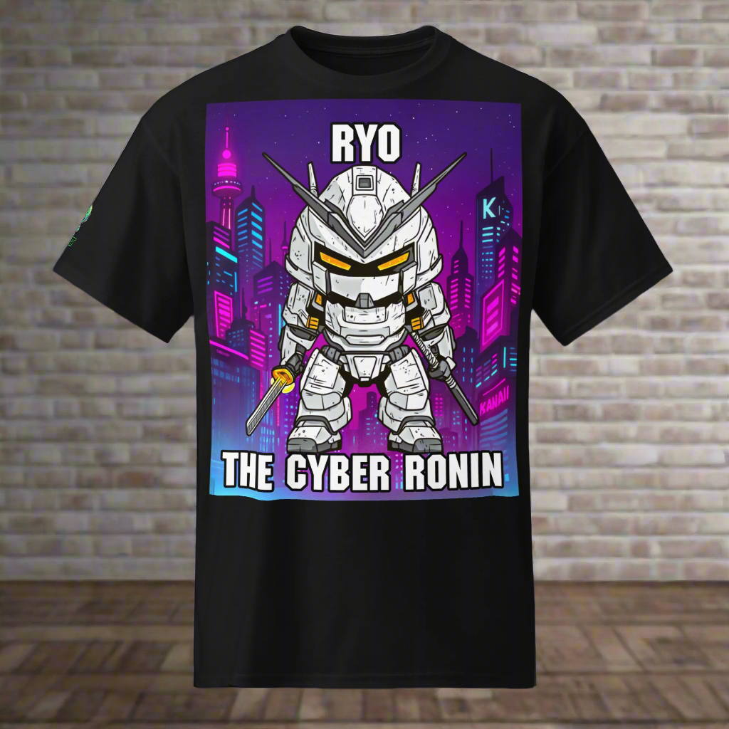 Black t-shirt with a robot graphic and 'The Cyber Ronin' text on a purple cityscape background.