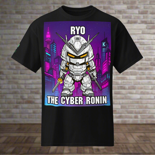 Black t-shirt with a robot graphic and 'The Cyber Ronin' text on a purple cityscape background.