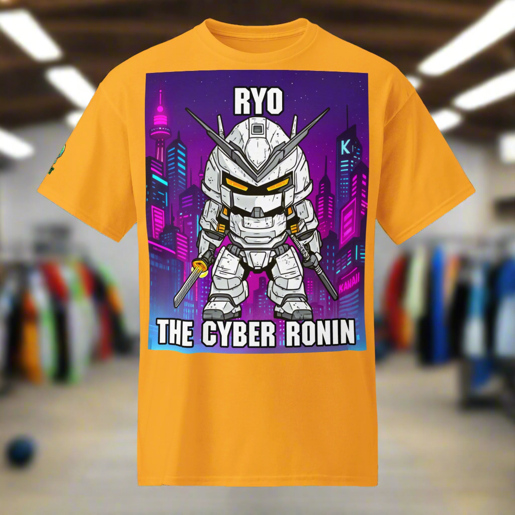 Yellow t-shirt with a robot graphic and text 'RYO THE CYBER RONIN' on a purple cityscape background.