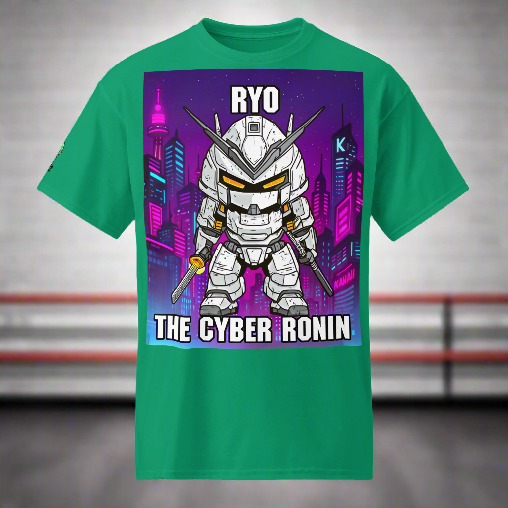 Green t-shirt with a robot graphic and text 'RYO THE CYBER RONIN' on a purple cityscape background.