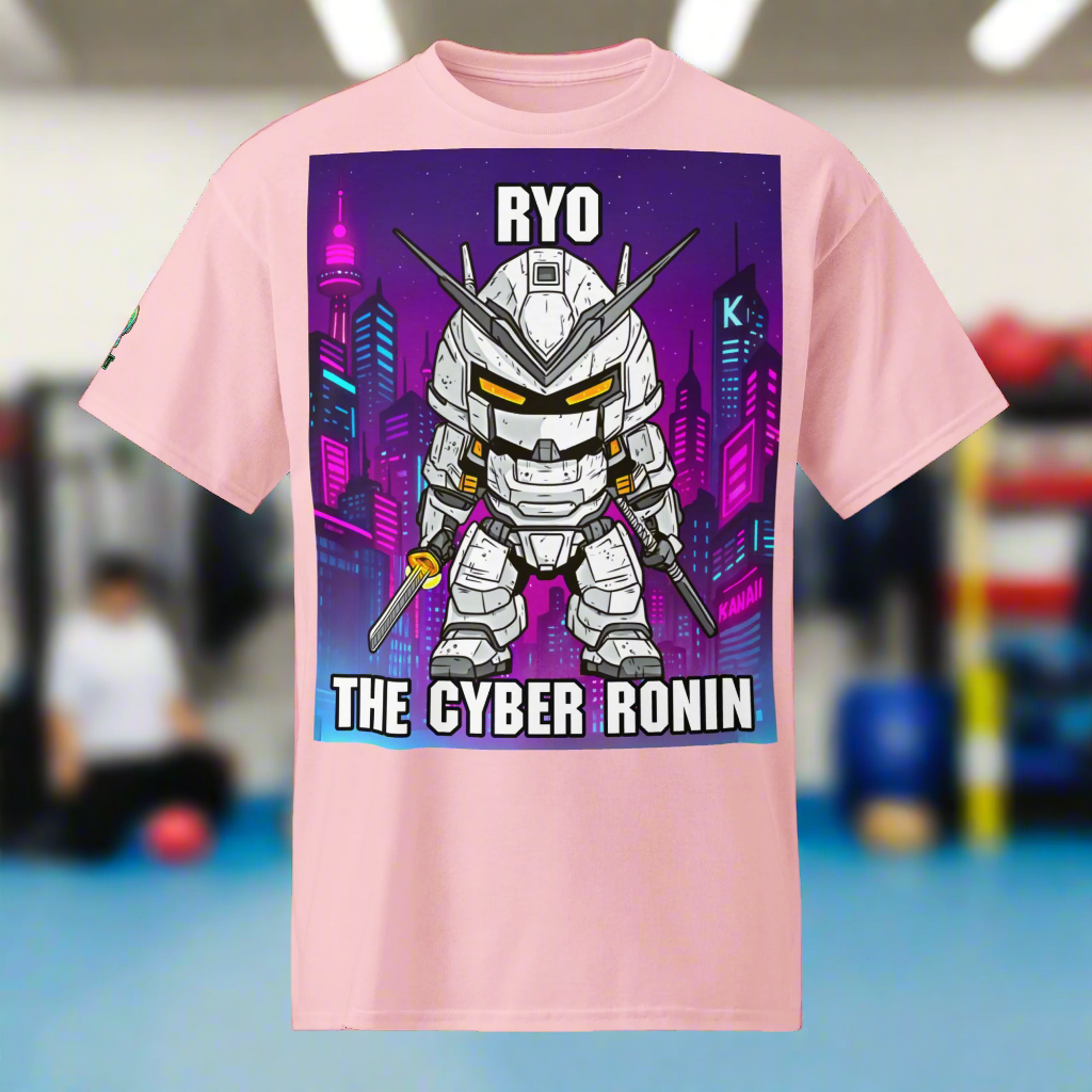Pink t-shirt with a robot graphic and text 'RYO THE CYBER RONIN' on a cityscape background.