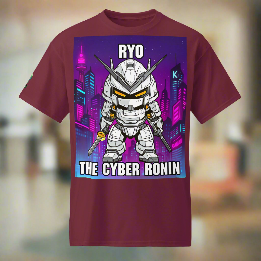 Maroon t-shirt with a robot graphic and 'The Cyber Ronin' text on a white background