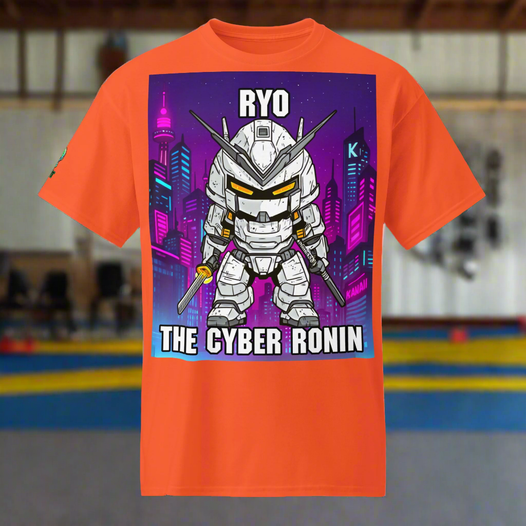 Orange t-shirt with a robot graphic and 'The Cyber Ronin' text on a white background
