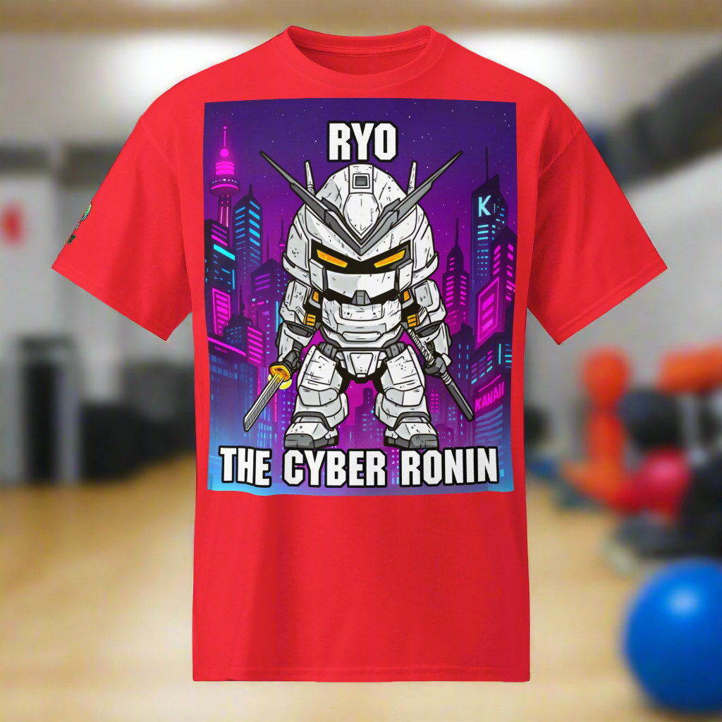 Red t-shirt with a robot graphic and 'The Cyber Ronin' text on a white background