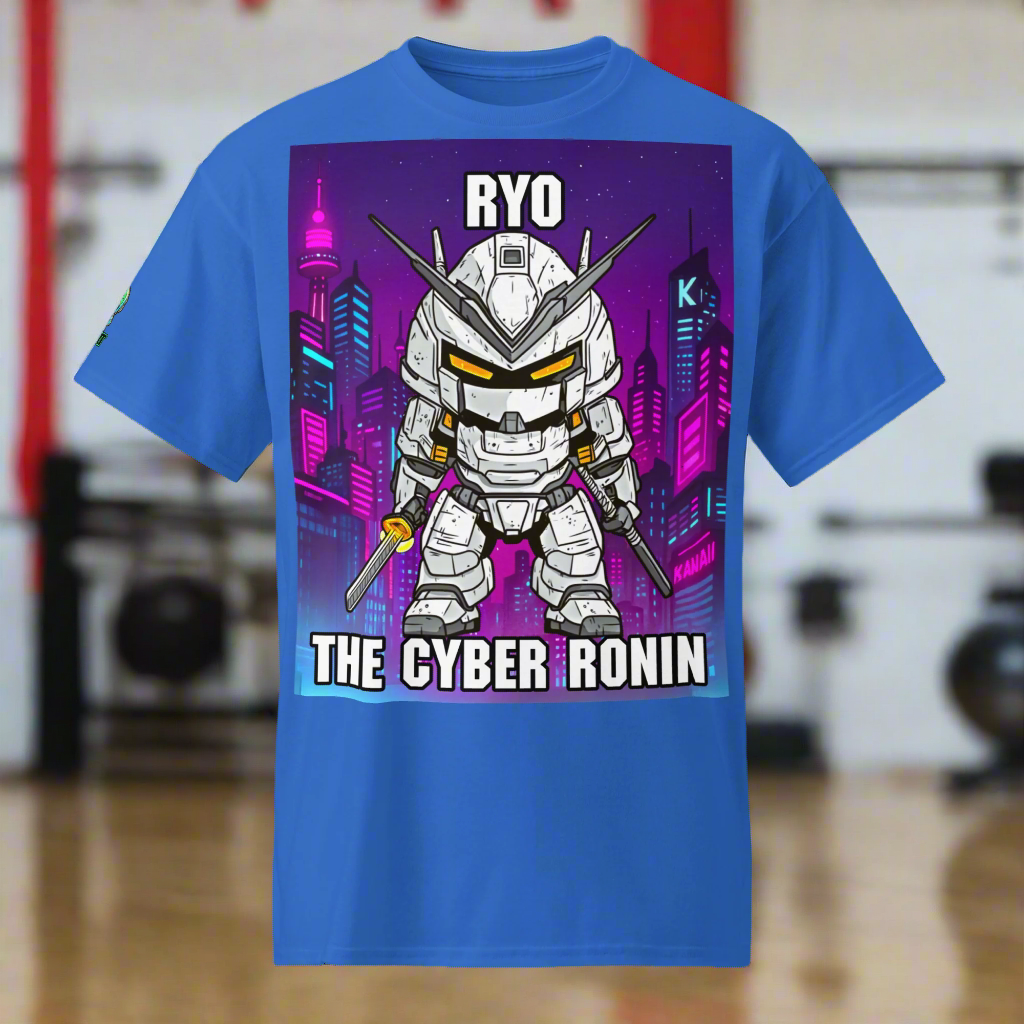 Blue t-shirt with a robot graphic and text 'RYO THE CYBER RONIN' on a cityscape background.